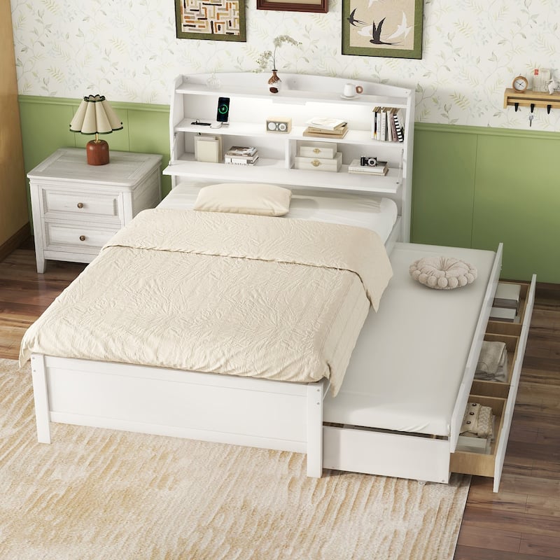 Wooden LED Platform Bed with Trundle and Storage Headboard,USB Outlets