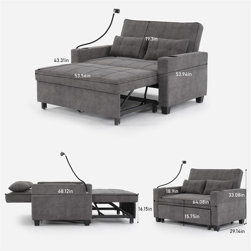 Futon Convertible 3-in-1 Pull Out Sleeper Sofa with USB Ports