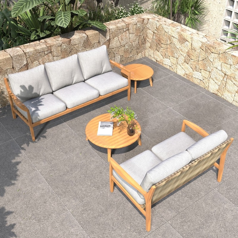 Acacia Wood 4-piece Outdoor Conversation Sofa Set with Removable Waterproof Cushions