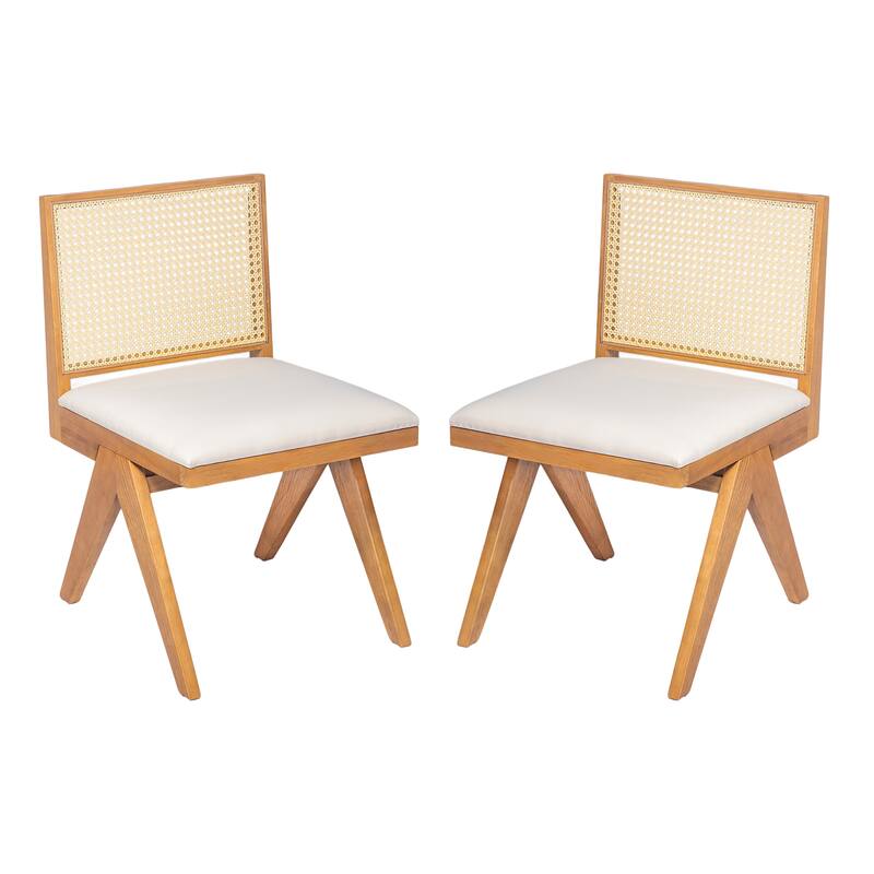 Dining Chairs Set of 2, Ergonomic Upholstered Kitchen Side Chairs, Accent Chairs with Rattan Backrest & Solid Wood Legs - Natural+Beige