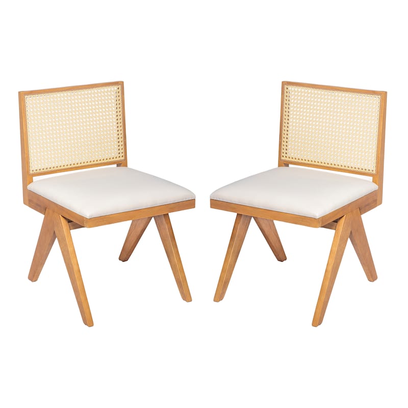 Roomfitters Upholstered Cane Back Dining Chair with Solid Wood Frame, Set of 2 - Natural+Beige