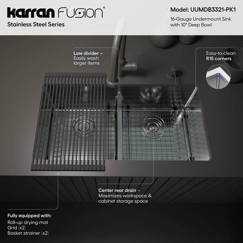 Karran USA UUMDB3321-PK1 Fusion 33" Undermount Double Basin Stainless