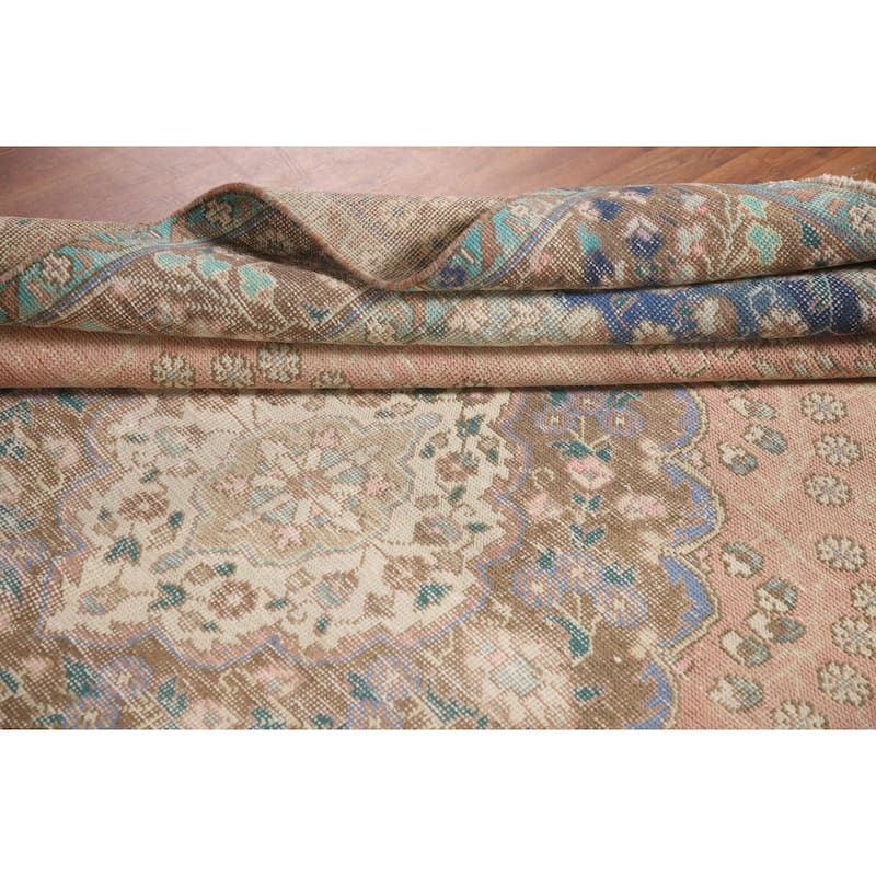 Hand Knotted Oriental 100% Wool Carpet Traditional Medallion Pink Tabriz Area Rug - 9' 8'' X 6' 8''