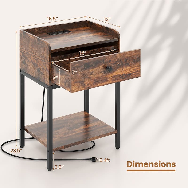 Gymax Nightstand Side End Table w/ Charging Station Drawer Open Shelf
