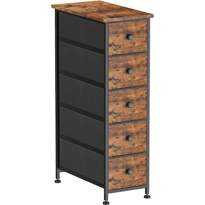 Narrow Dresser Storage Tower with 5 Removable Fabric Drawers, Wood Top, Brown
