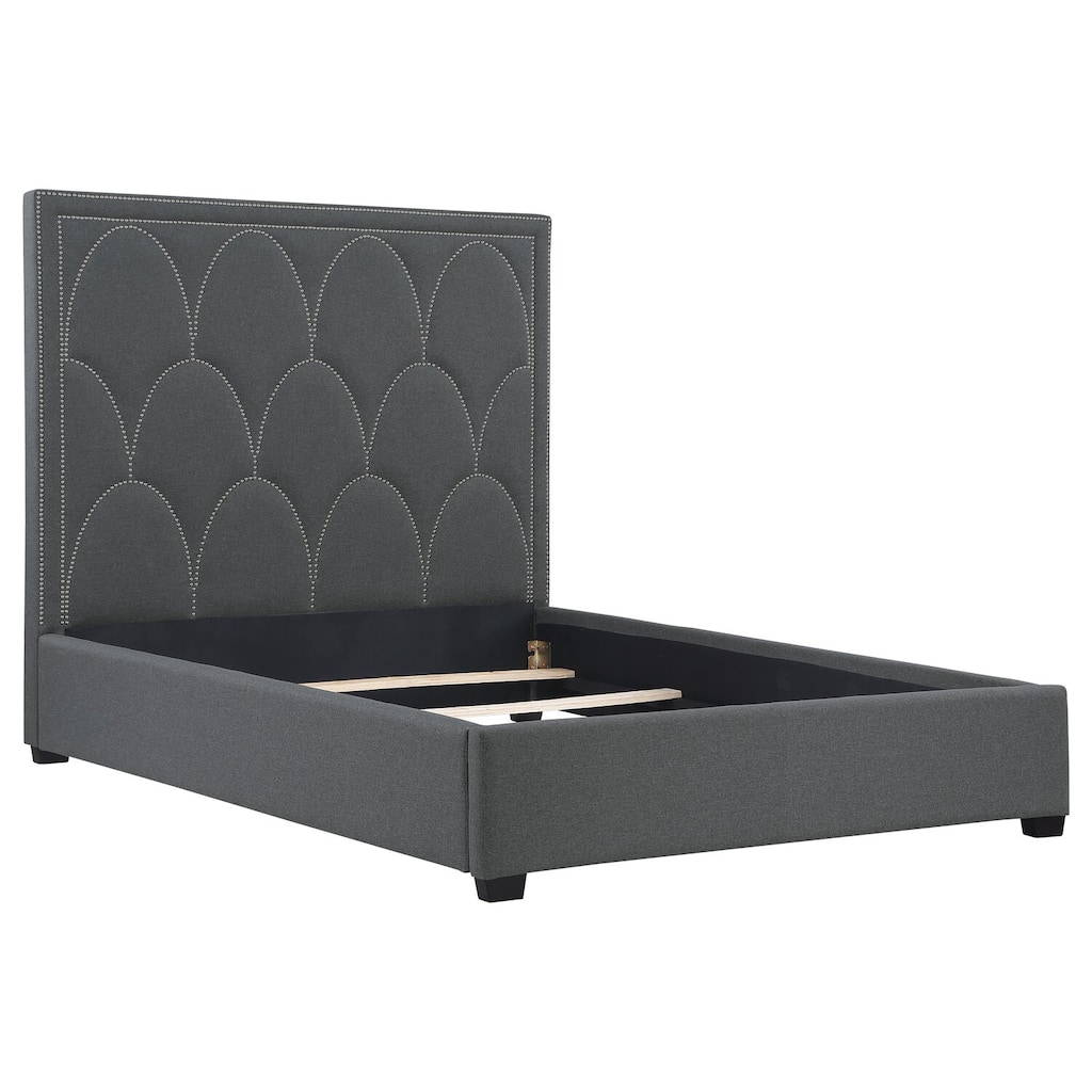 Charcoal Upholstered Panel Bed with Extra Tall Headboard, Scalloped Design, and Glamorous Art Deco Style