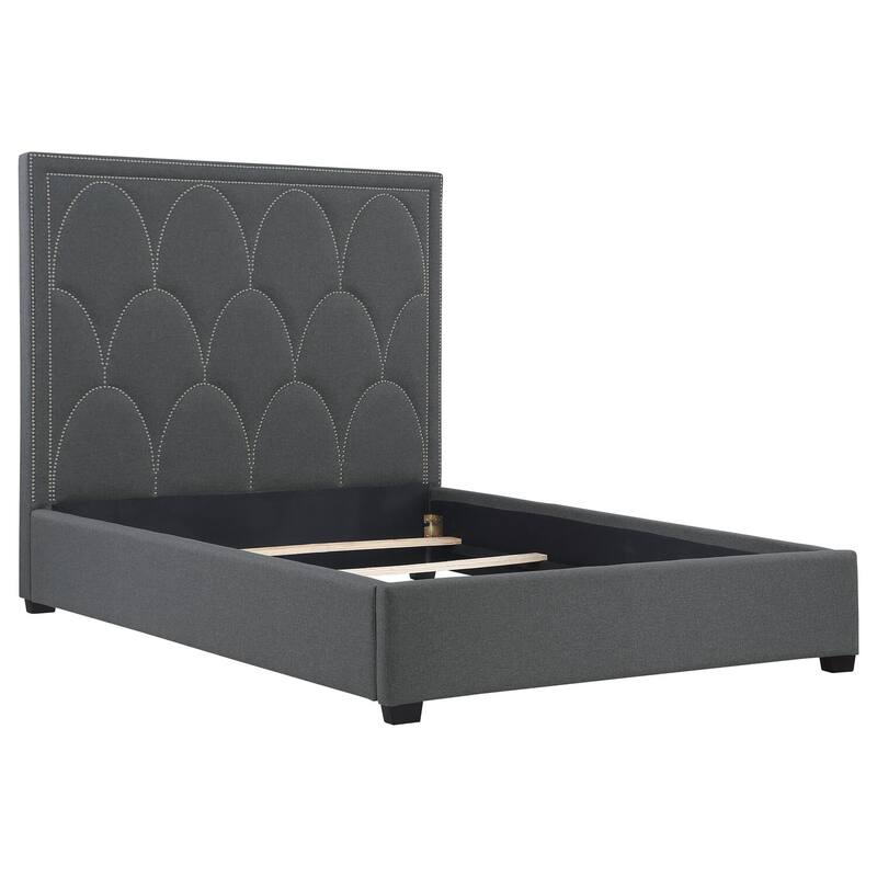 Charcoal Upholstered Panel Bed with Extra Tall Scalloped Headboard, Padded Rails, and Glam Art Deco Style