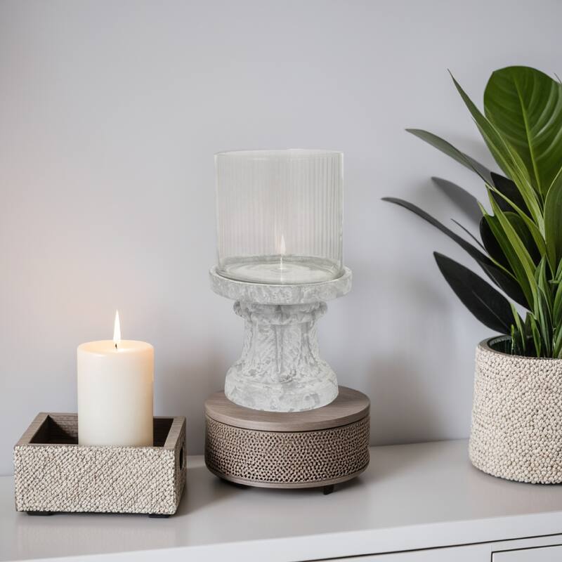 Kris Candle Holder, Hurricane Glass Top, White Gray Ceramic 14 Inch - White, Gray, Clear