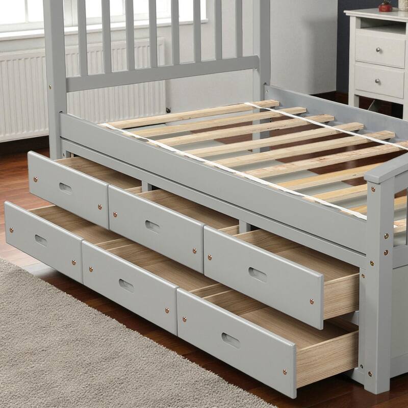 Twin Size Solid Wood Platform Bed with 6 Storage Drawers, Pine Wood Frame with Slats, No Box Spring Needed
