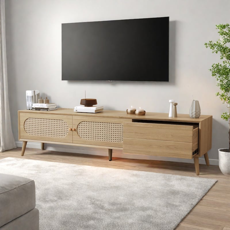 70.8" Rattan TV Stand - Media Console with Storage (Fits 80" TV） - Natural