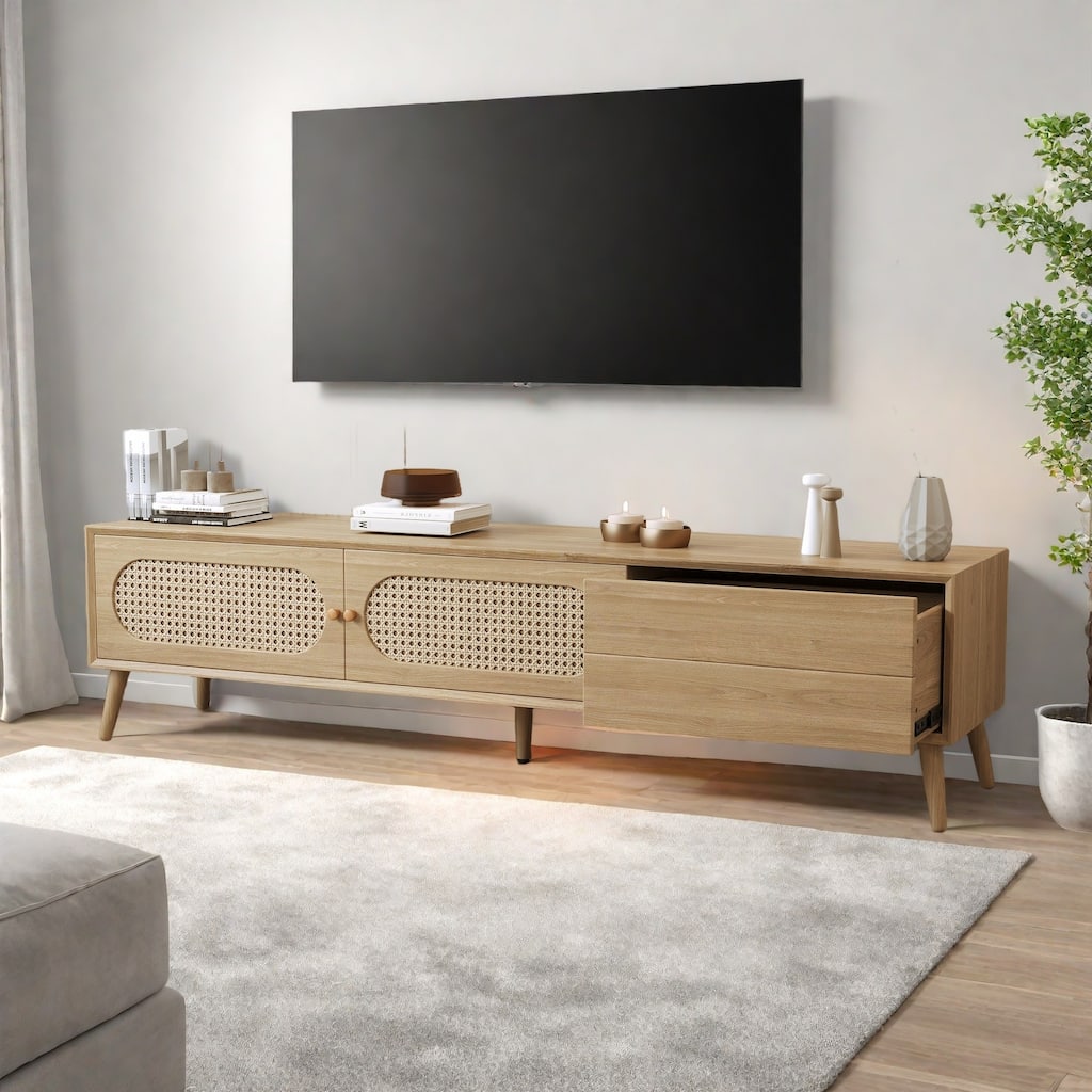 70.8" Rattan TV Stand - Media Console with Storage (Fits 80" TV）
