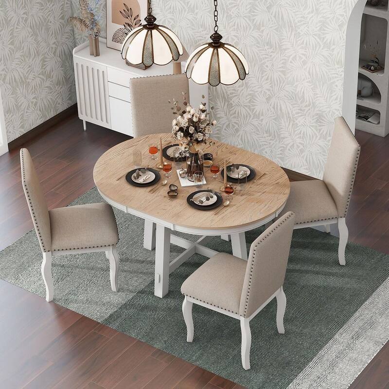 Wooden Round Drop Leaf Extendable Dining Table Set with 4 Upholstered Chairs