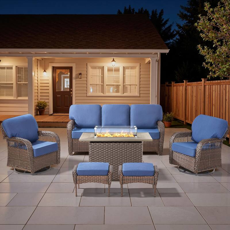 Pocassy Patio Sofa Ottoman Swivel Chair Table with Fire Table Funiture Set. - Brown Wicker Blue Cushion - 6-Piece Sofa Swivel Chair Ottoman w/ Fie Table