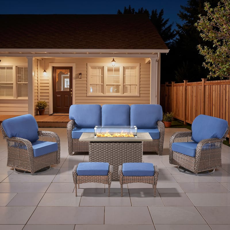 Pocassy Patio Sofa Ottoman Swivel Chair Table with Fire Table Set. - Brown Wicker Blue Cushion - 6-Piece Sofa Swivel Chair Ottoman w/ Fie Table