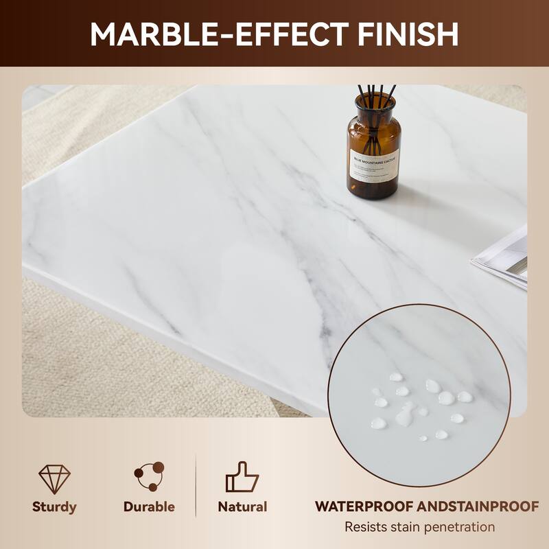 50.4 Inch Modern Rectangular Coffee Table with Marble Pattern MDF Top and Silver Stainless Steel Base