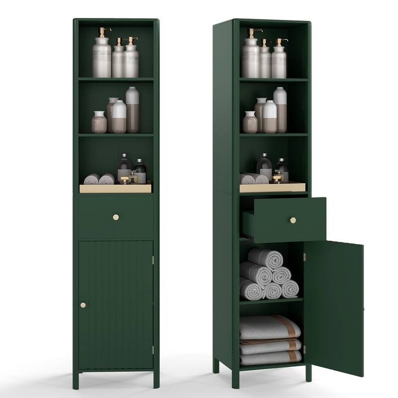 Modern Tall Bathroom Storage Cabinet with Drawer Adjustable Shelves and Wave Fluted Door Green - 16" x 12" x 67"