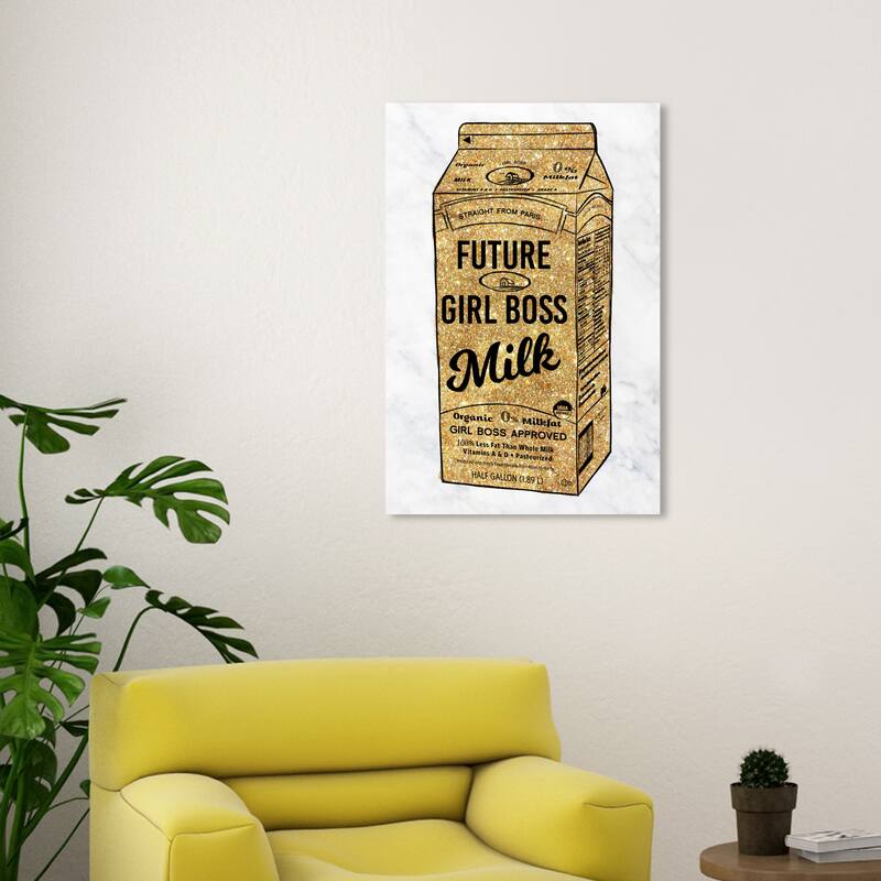Wynwood Studio Canvas Drinks GIRL BOSS Milk GLITTER Gold and Metallic Gold Modern & Contemporary Wall Art Canvas Print - 30 x 20