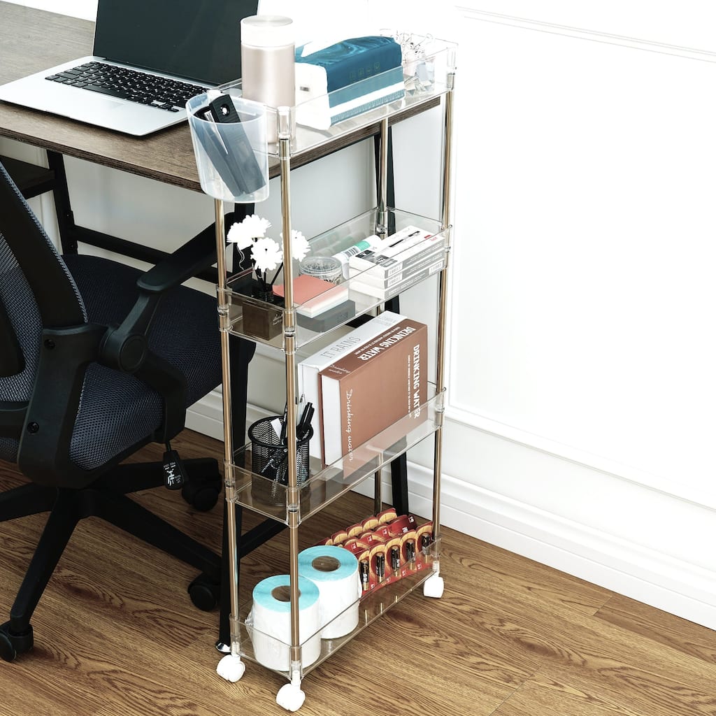 VECELO 3/4 Tier Small Rolling Kitchen Cart Storage Rack Transparent Trolley Cart Stainless Steel Frame with Lockable Wheels