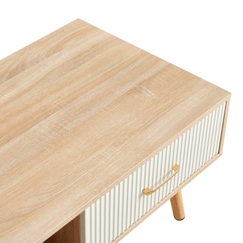 Rectangle Coffee Table with Solid Wood Legs, Sliding Drawer for Storage, Modern Table for Living Room