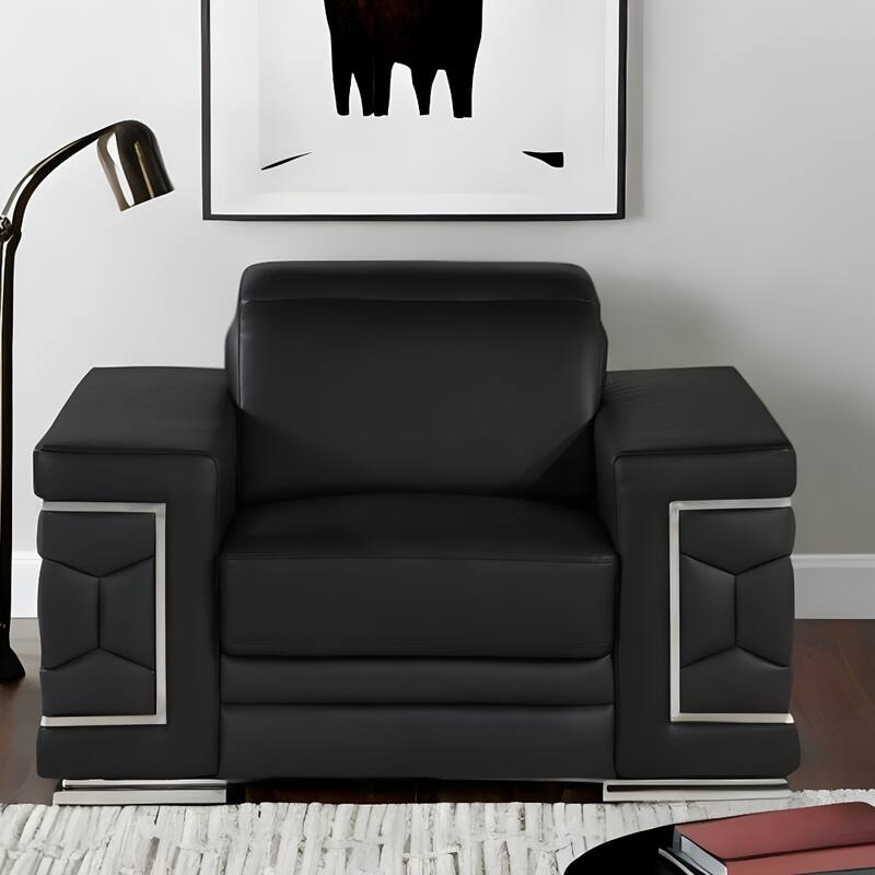 HomeRoots 47" Black And Silver Genuine Leather Club Chair - 47' X '39' X '41 - 47' X '39' X '41