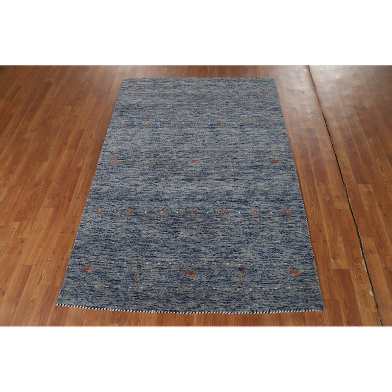 Blue Tribal Gabbeh Indian Rug Hand-Knotted Modern Wool Carpet - 4'0" x 5'10"
