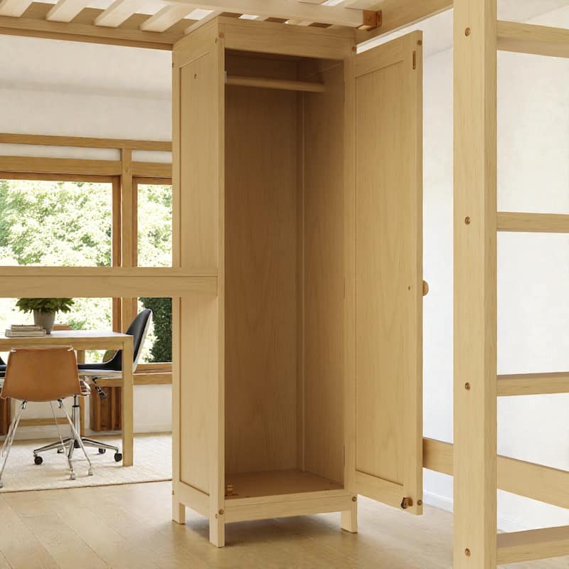 Queen Wood Loft Bed with Wardrobe, Desk & Bookshelf, Space-Saving Loft Bed with Storage Cabinet and Ladder for Kids & Teens