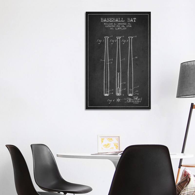 iCanvas "Baseball Bat Charcoal Patent Blueprint" by Aged Pixel Canvas Print - 40x26x1.5