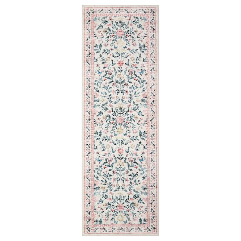 Living Room Rug Machine Washable Area Rug Non Slip Farmhouse Floral Rug Low Pile Soft Foldable Rugs