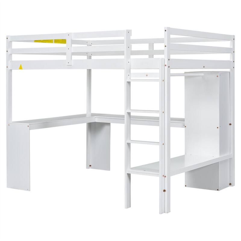 Solid Wood Loft Bed with Bulit-in L-Shaped Desk, Wardrobe and Hanging Rod, Twin/Full Size Loft Bedframe with Storage Shelves