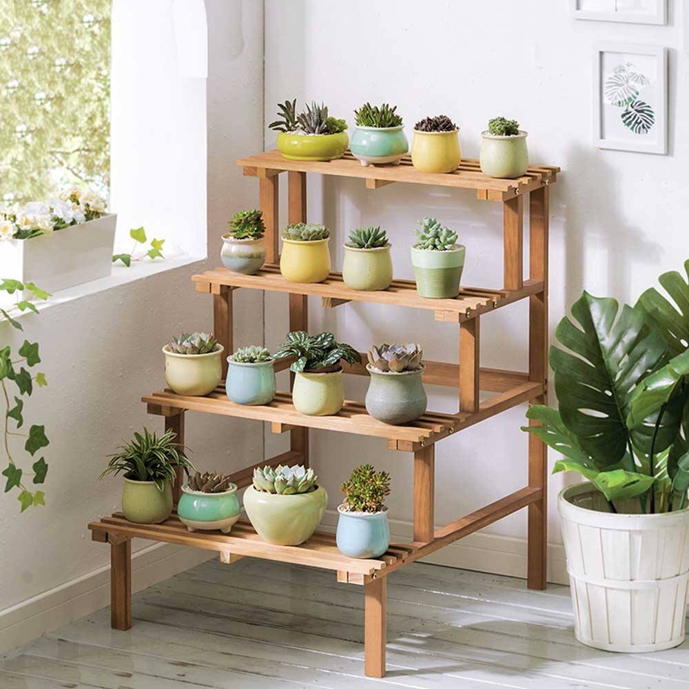 Timechee 4-Tier Wood Plant Ladder Stand Indoor Outdoor Display Shelf - Standard