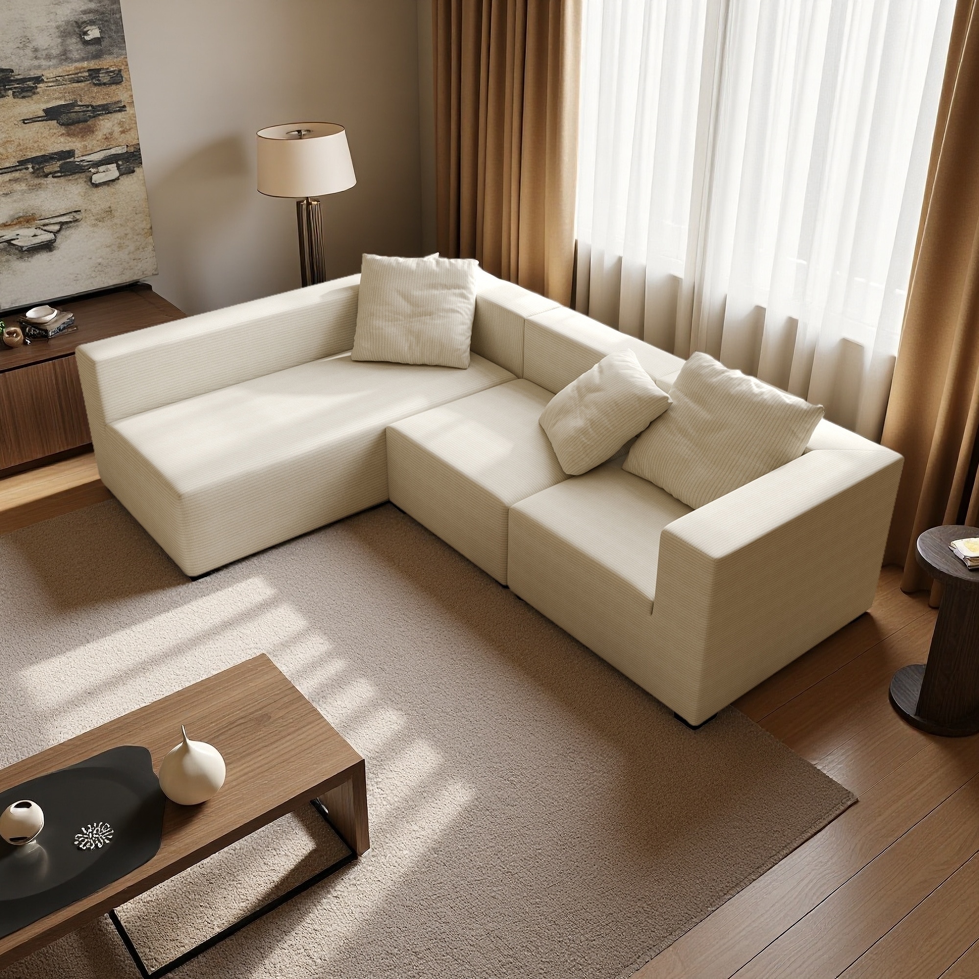 105.5" Corduroy L-Shaped Modular Cloud Sectional Sofa with Deep Seat & Movable Chaise