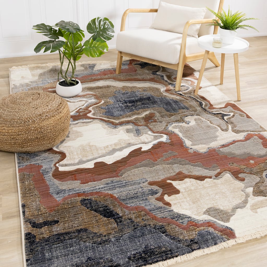 Cream Grey Brown Abstract Earth Area Rug.