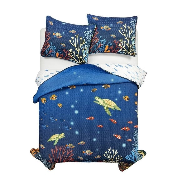slide 2 of 6, Ocean Navy Blue Clown Fish Coral Reef Reversible Quilt Set Full - Queen