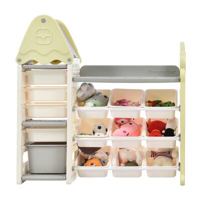 Kids Toy Storage Organizer with 14 Bins, Multi-functional HDPE Cute House Shaped Toy Storage Cabinet Unit