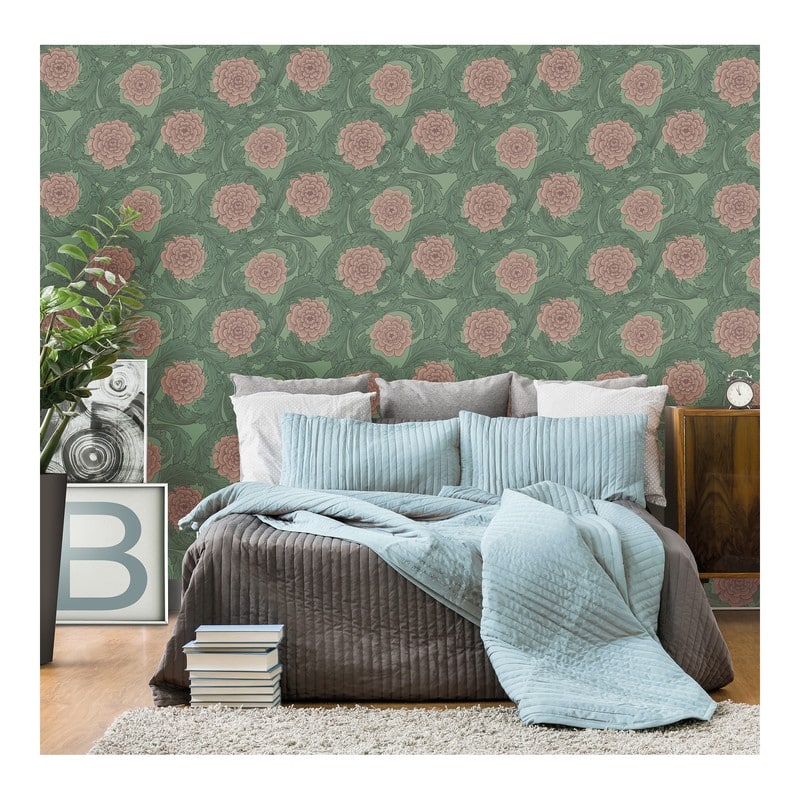 Midbec Rosa Green Ornamental Florals Wallpaper - 20.5 x 396 x 0.025