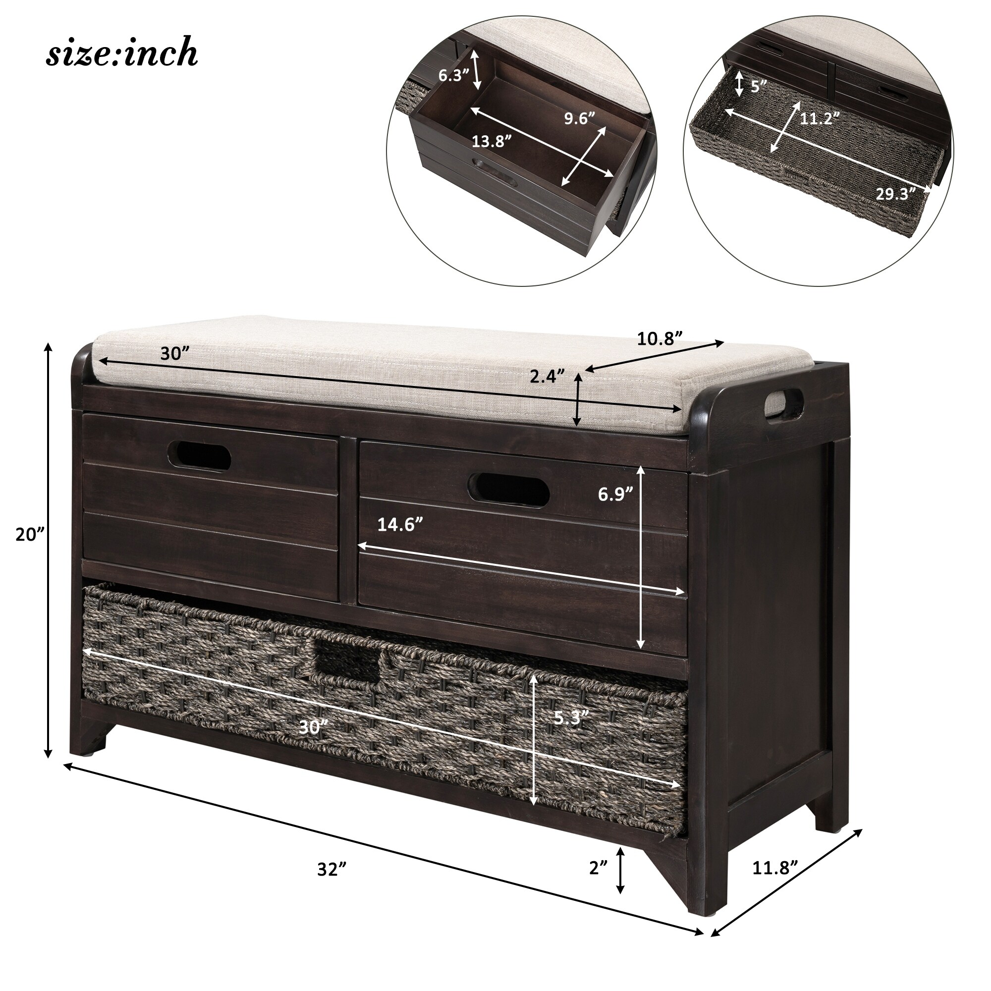 Storage Bench with Removable Basket and 2 Drawers Fully