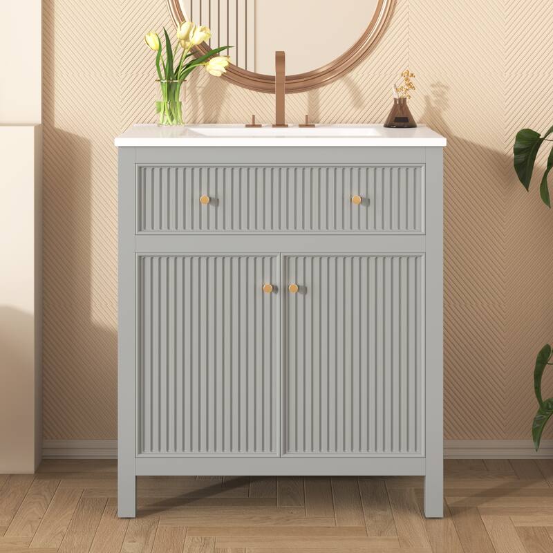 Freestanding Vertical Stripe Groove Storage Cabinet Grey Bathroom Vanity with Tip-out Drawer and Gold Metal Knobs - Grey