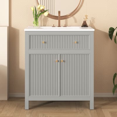 Freestanding Vertical Stripe Groove Storage Cabinet Grey Bathroom Vanity with Tip-out Drawer and Gold Metal Knobs