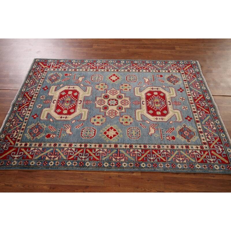 Geometric Blue Kazak Oriental Area Rug Handmade Wool Carpet - 4'3" x 5'11"