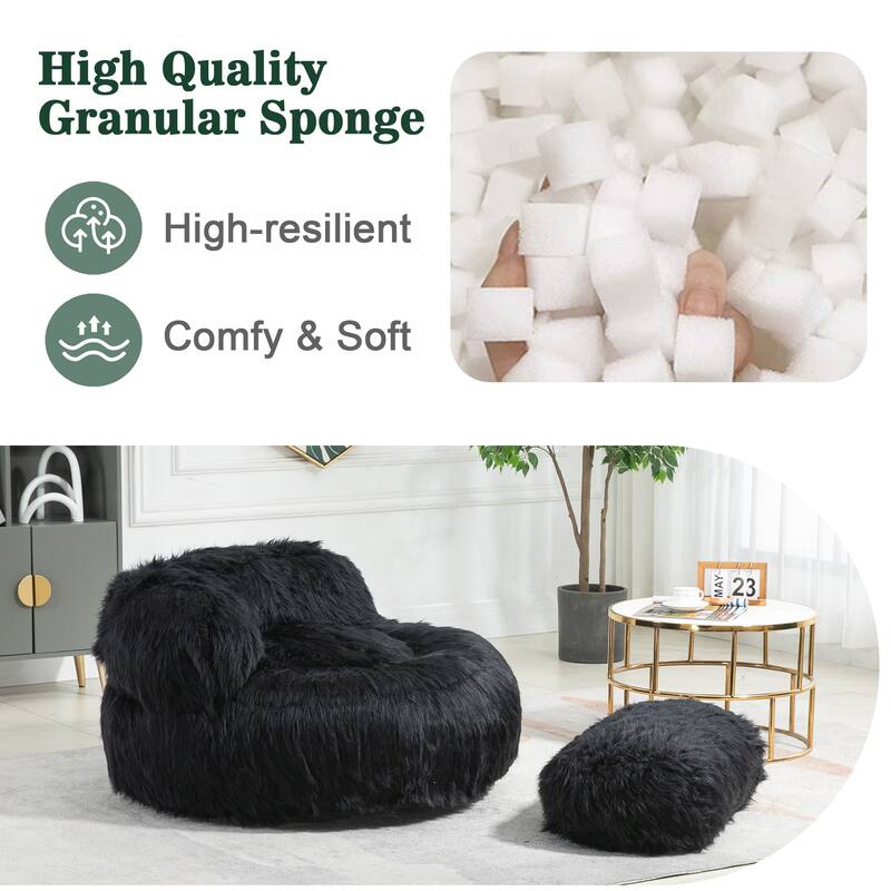 Plush Upholstered Round Comfort Lounger Bean Bag Chair with Ottoman