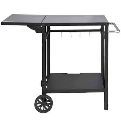 Black Metal BBQ Movable Prep Table with Foldable Side and Double Shelves, Wheels - 38.26” L x 25.19” W x 29.72” H