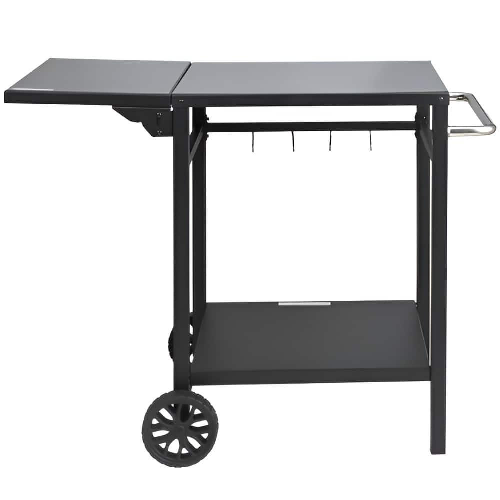 Black Metal BBQ Movable Prep Table with Foldable Side and Double Shelves, Wheels - 38.26” L x 25.19” W x 29.72” H