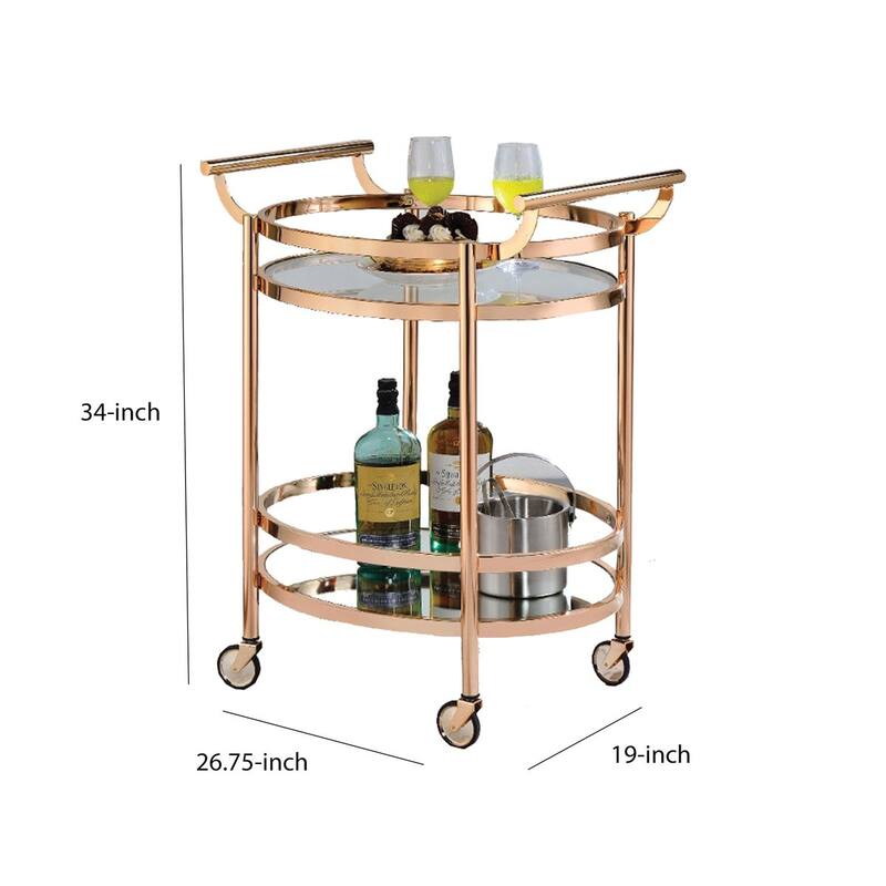 27 Inch Oval Shaped Metal Serving Cart with 2 Shelves, Gold - 19 H x 19 W x 27 L Inches