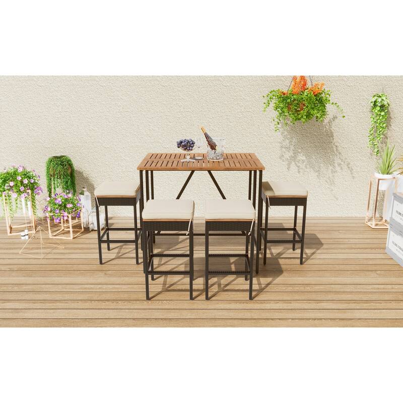 5-Piece Bar Height Patio Dining Set with Foldable Acacia Wood Table and 4 Cushioned Wicker Stools