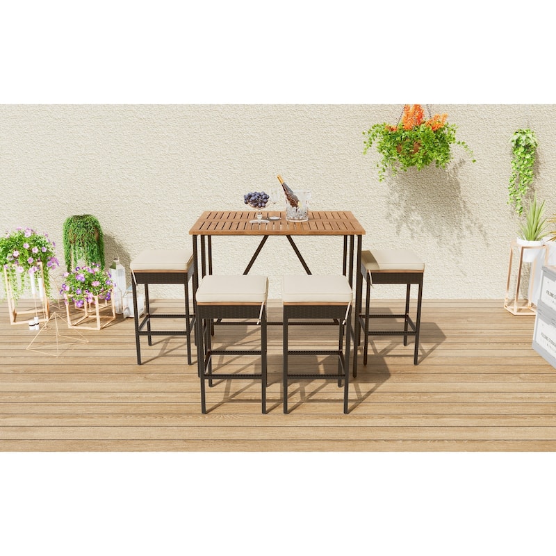 5-Piece Outdoor Acacia Wood Bar Height Table And Four Stools With Cushions