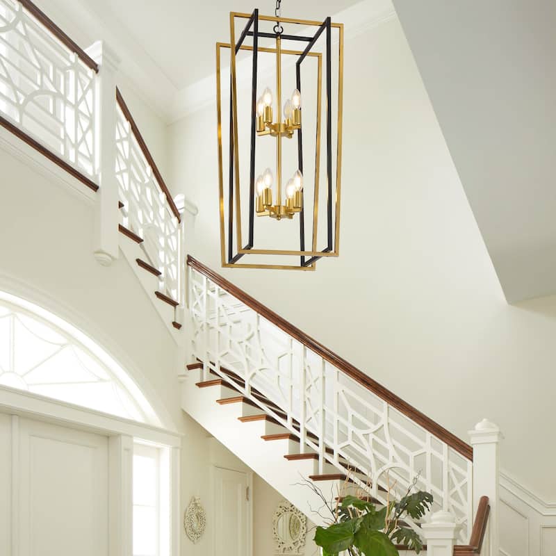 Modern Rectangle Chandelier Lantern Pendant Light Fixture - 8-Light - Black&Gold