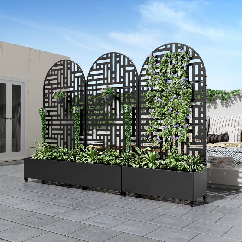 Metal Movable Planter Box with Trellis Privacy Screen Planter Box with Lockable Wheels