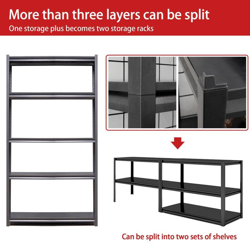 5-Tier Adjustable Heavy Duty Metal Storage Shelves, Black, 72/78"H