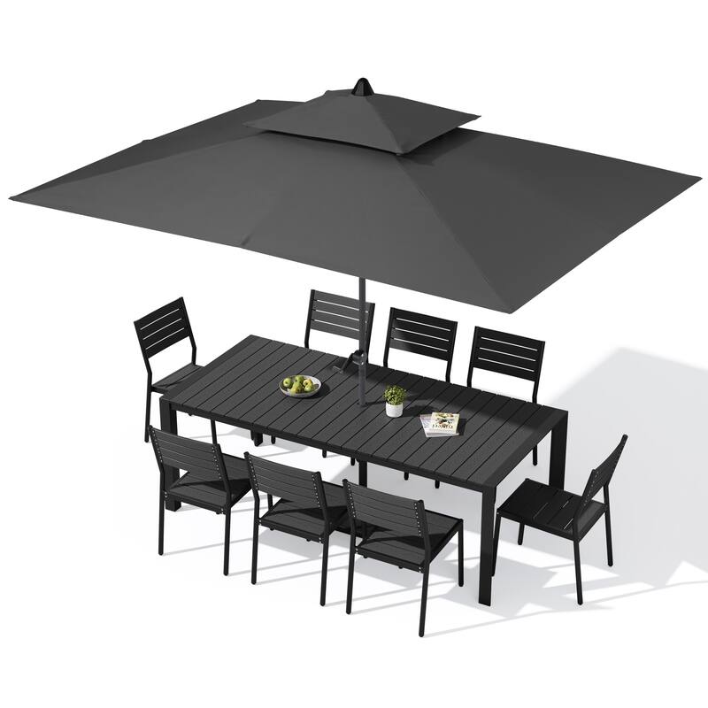 9/11-Piece Outdoor Dining Set w/10 ft Umbrella and Base Aluminum Dining Table and Stackable Chairs