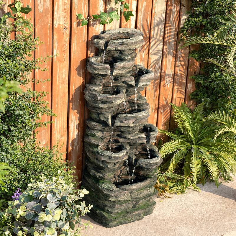 Glitzhome 39.25"H 9-Tiered Cascading Rock Polyresin Outdoor Fountain with Pump and LED Light